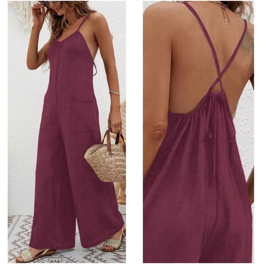 Solid Navy Blue Criss cross Tie Pockets Wide leg Jumpsuit - Picture 6 of 9